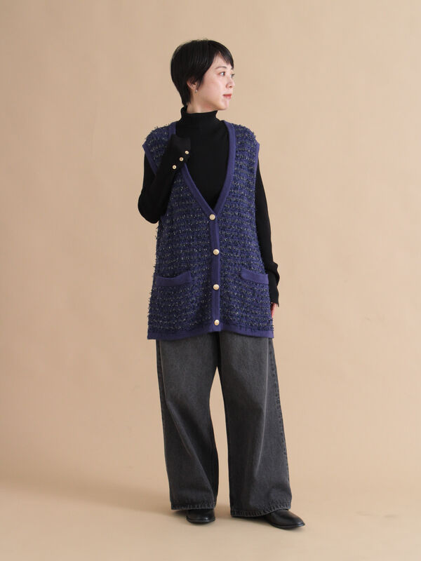 セール】 ツイード風ニットジレ（オフホワイト/ブラック/ネイビー