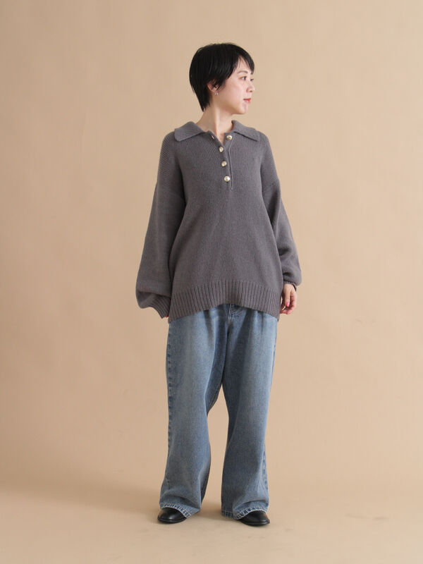 セール】 モヘヤライク衿付ニットプルオーバー（チャコールグレー