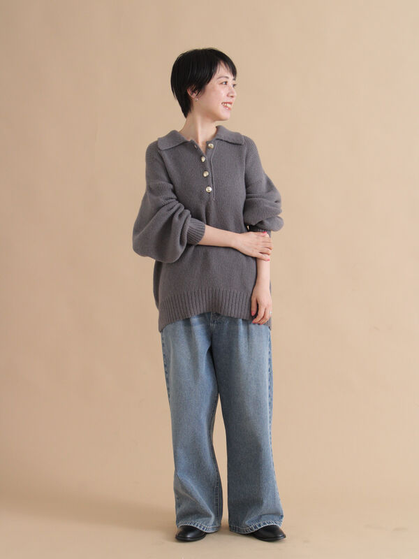 セール】 モヘヤライク衿付ニットプルオーバー（チャコールグレー