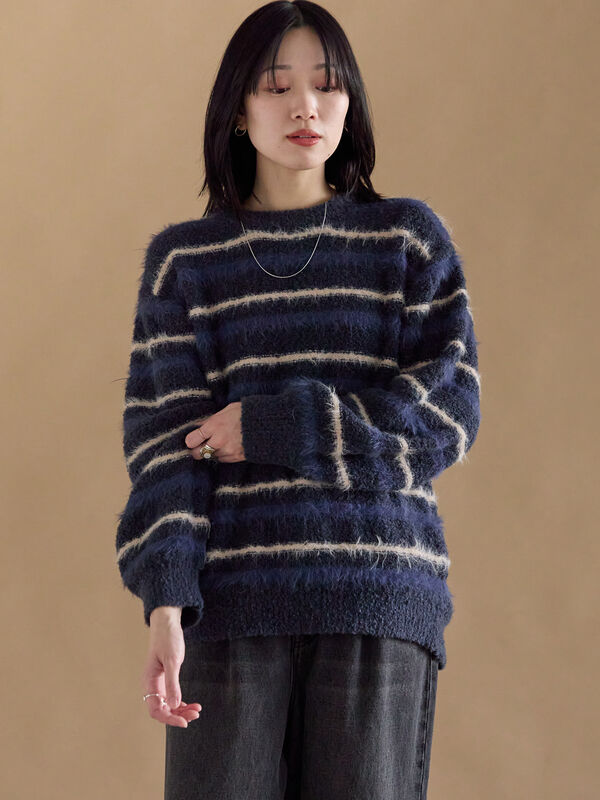 セール】 ボーダーブークレニットプルオーバー（グレー/ネイビー