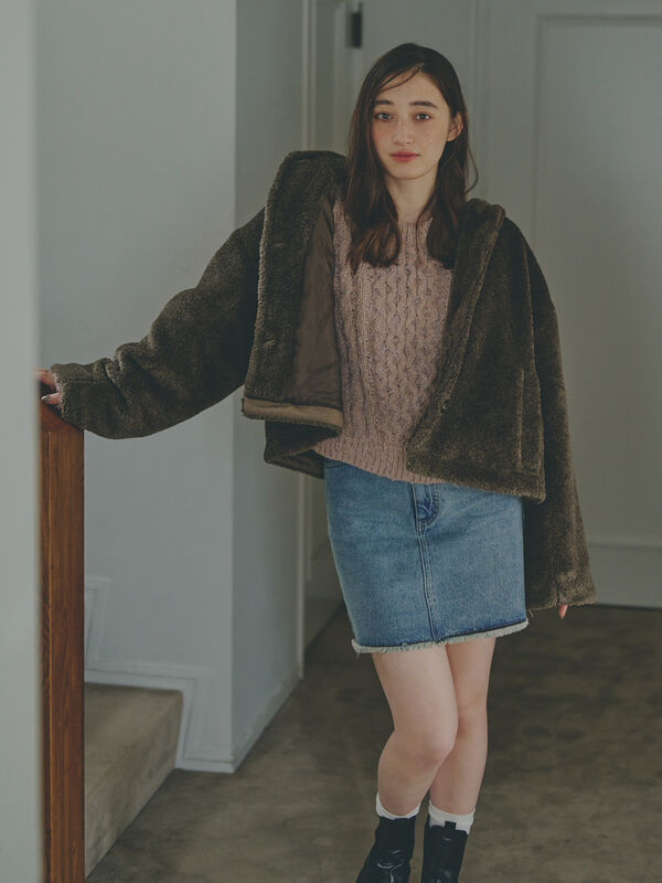 セール】 チュールヤーンミックスケーブルニット（ピンク/キナリ