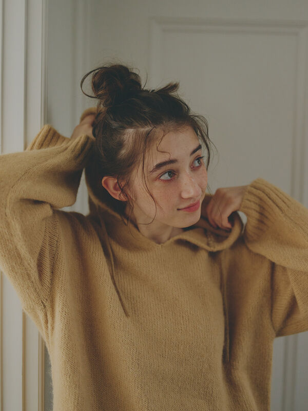 セール】 フード付ニットプルオーバー（グレー/キャメル/トップス