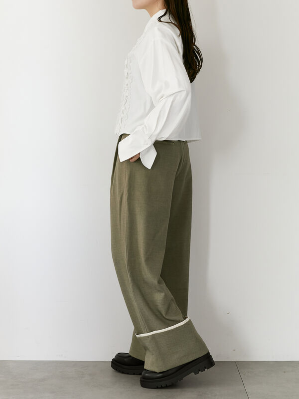 セール】 折り返しワイドスラックス（オフホワイト/オリーブ/ボトムス