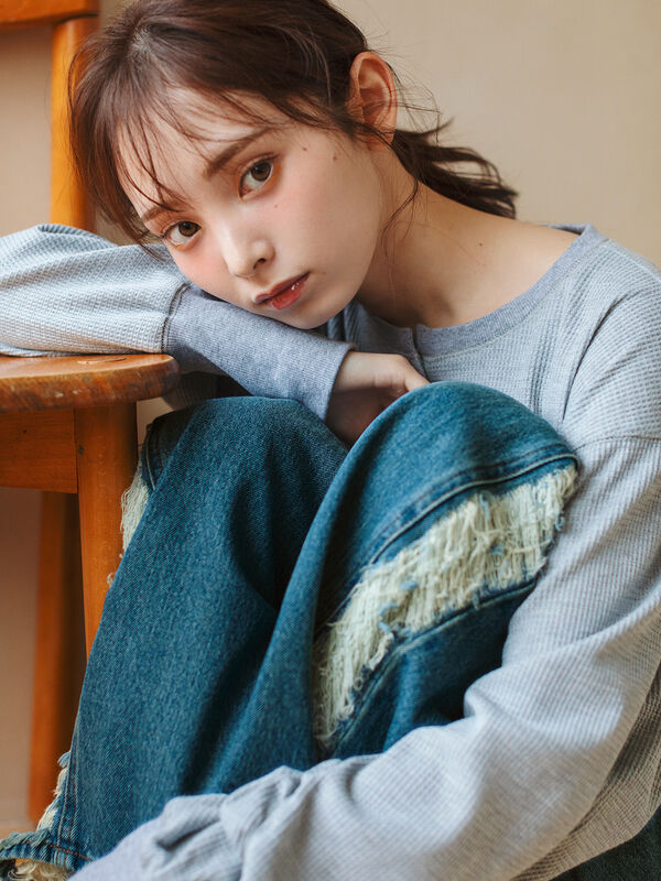 セール】 ワッフルヘンリーネックカットソー（グレー/ベージュ