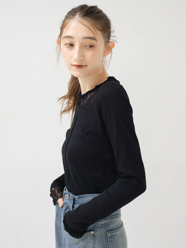 さちゃページ セール】 レイヤード風シアーカットソー（オフホワイト/ブラック