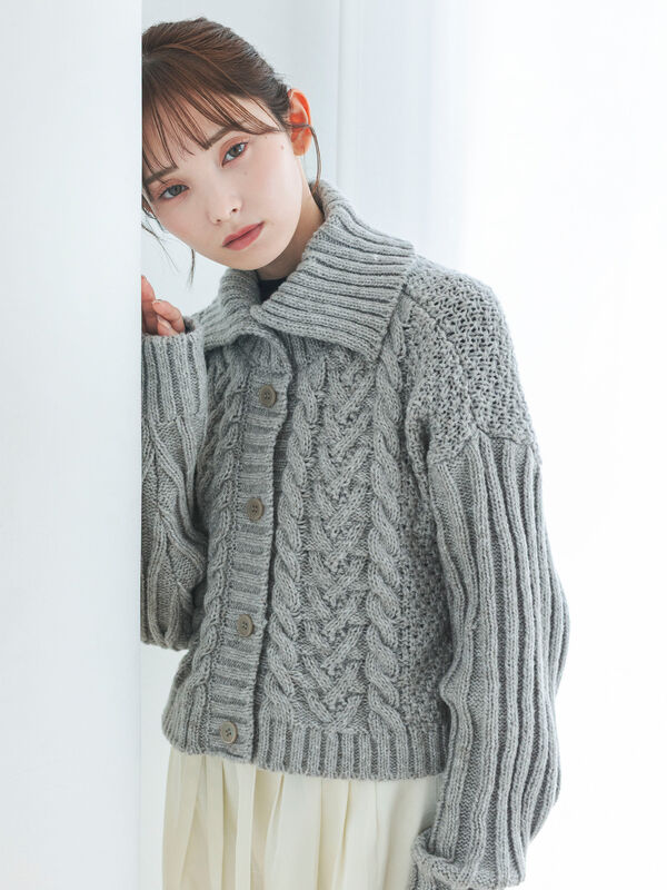 セール】 ケーブル編みニットカーディガン（グレー/モカ/トップス