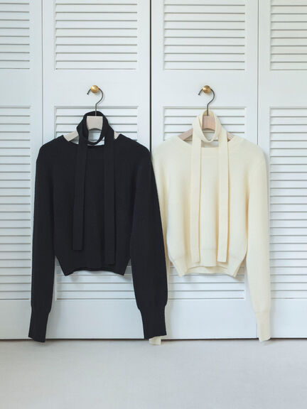 マフラー付きミニシャギープルオーバー（ブラック/キナリ）｜sō4ū（ソウフォーユー）通販