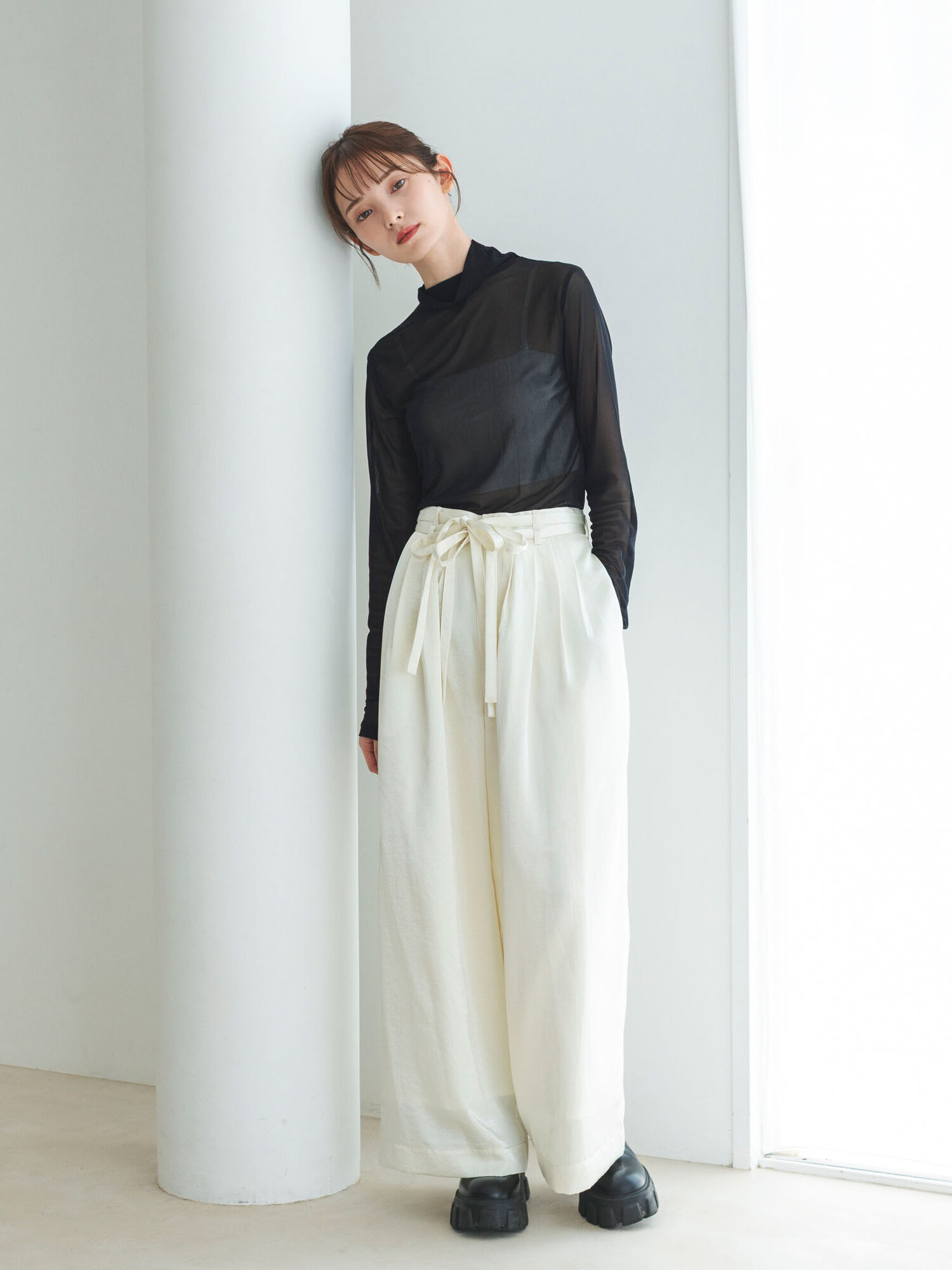セール】 サテンタックワイドパンツ（ベージュ/キナリ/ボトムス/パンツ