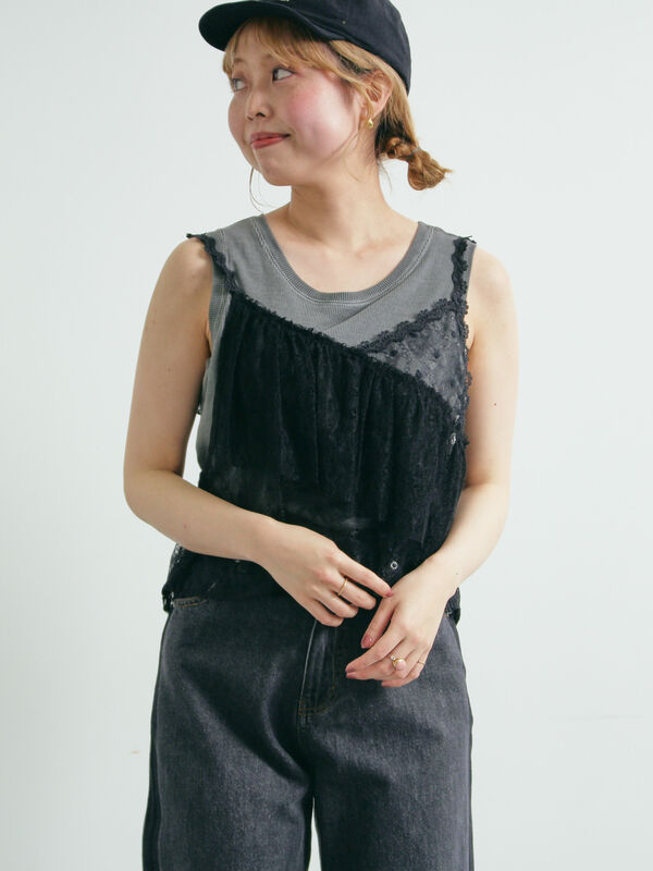 セール】 フリルレースキャミソールブラウス（グレー/ブラック
