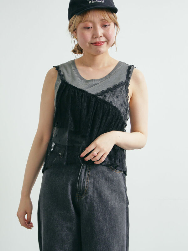 セール】 フリルレースキャミソールブラウス（グレー/ブラック