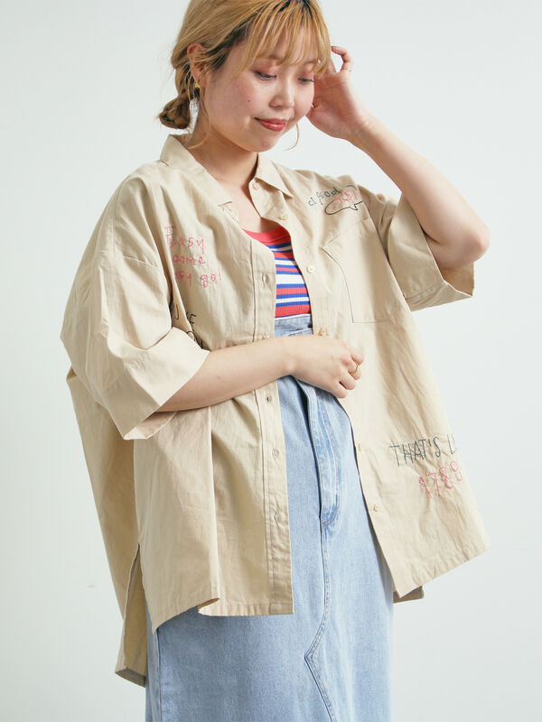 Naptime 刺繍半袖プルオーバーシャツ ベージュ K*A様 naptime 2025SS 刺繍半袖プルオーバーSHIRTS-総柄 Naptime. | 西島