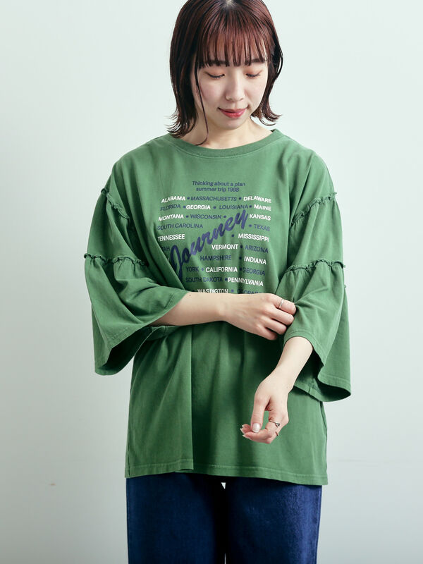 セール】 ピグメント加工ギャザーティアードスリーブTシャツ（オフ