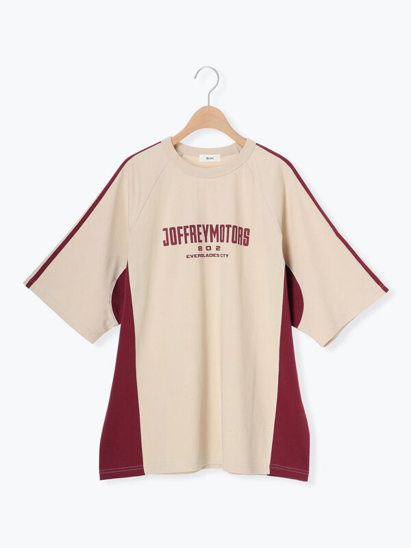 セール】 配色ラインロゴプリントオーバーTシャツ（グレー