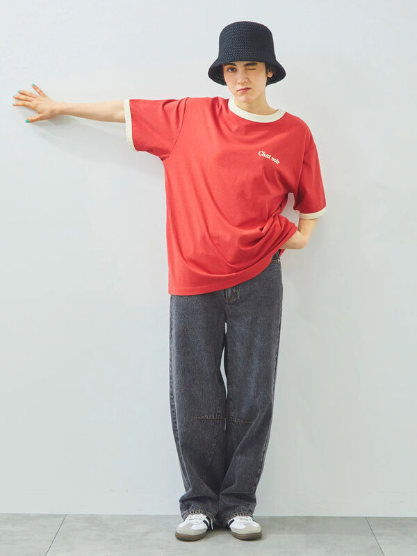 オーバーサイズリンガーTシャツ(グレー/レッド/ベージュ オーバーサイズリンガーTシャツ(グレー/レッド/ベージュ