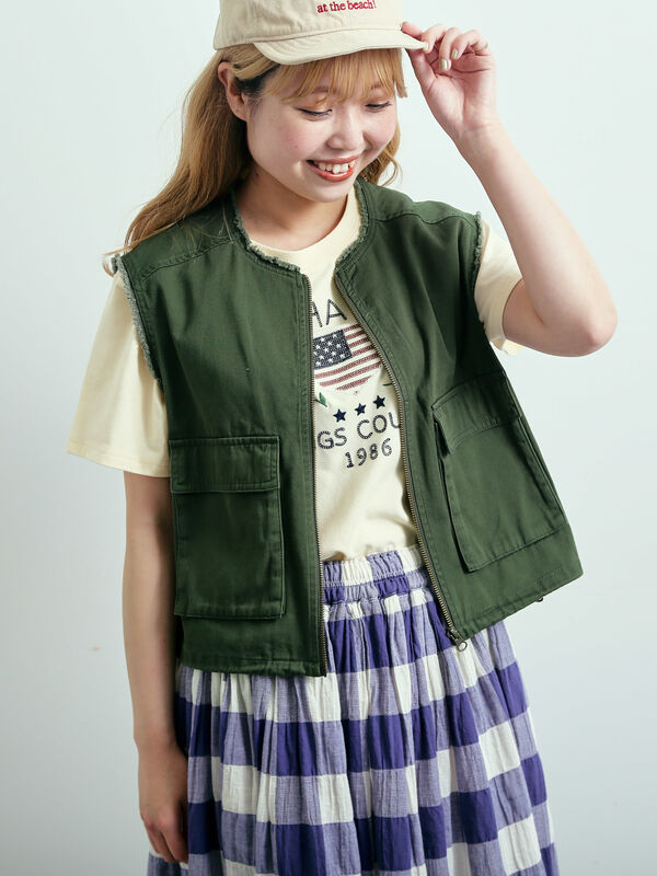 セール】 ツイル/デニムフリンジショートベスト（グレー