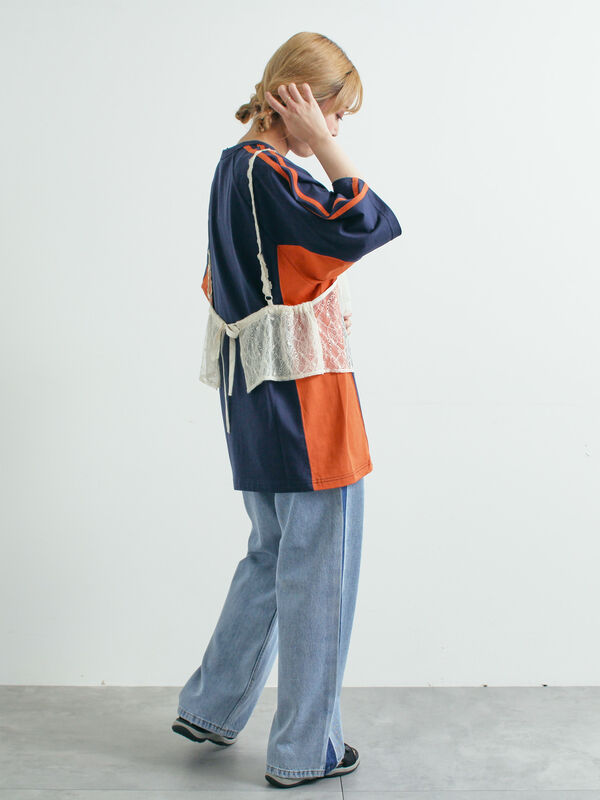 セール】 デニム配色ラインパンツ（ブラック/ブルー/ボトムス/パンツ