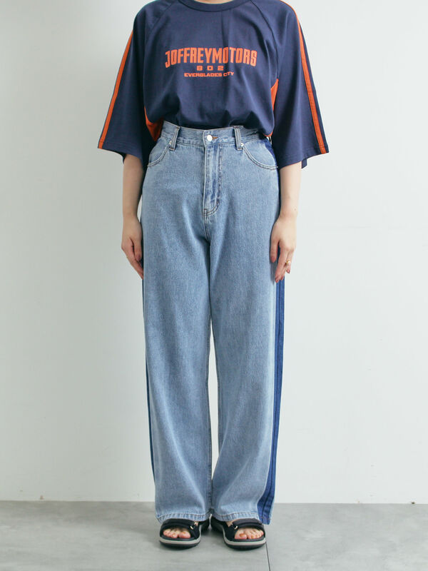 セール】 デニム配色ラインパンツ（ブラック/ブルー/ボトムス/パンツ