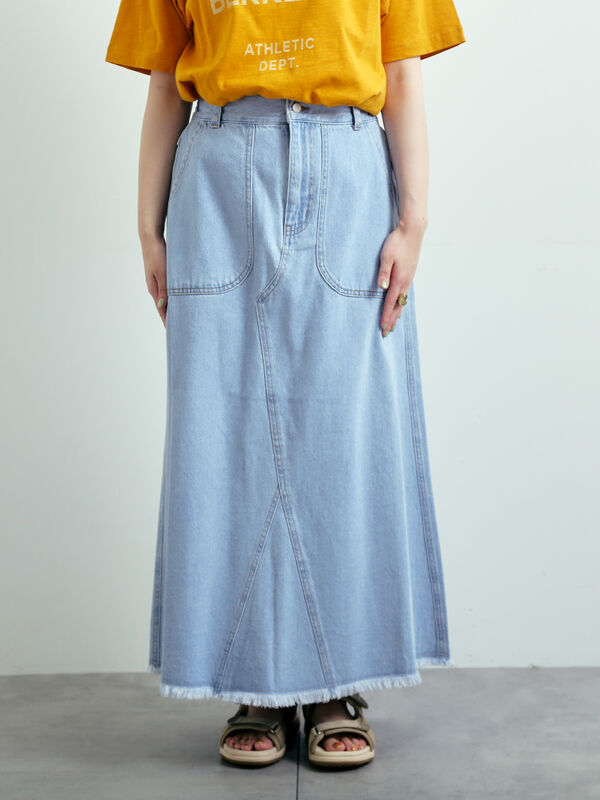 セール】 デニム裾フリンジベイカースカート（ブラック/サックスブルー