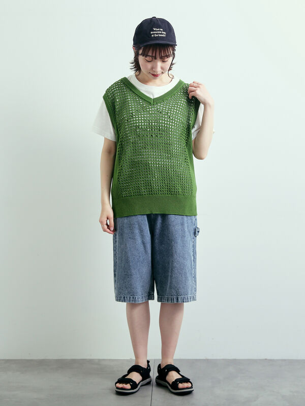 セール】 メッシュニットVネックベスト（オフホワイト/ブラック