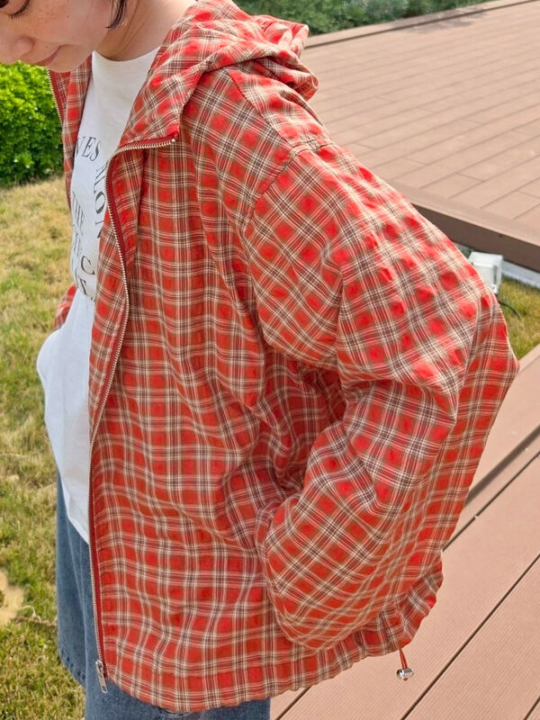 セール】 マドラスチェックフードパーカー（ブラック/レッド/オレンジ