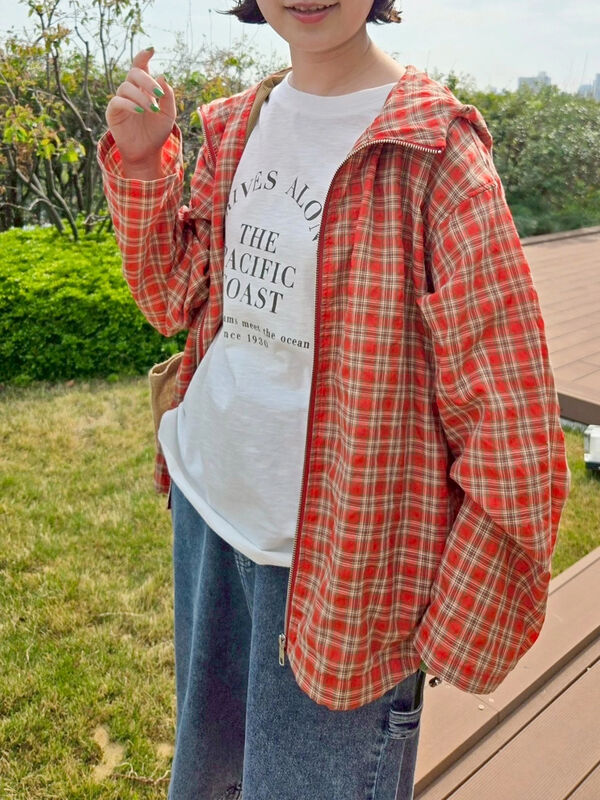 セール】 マドラスチェックフードパーカー（ブラック/レッド/オレンジ