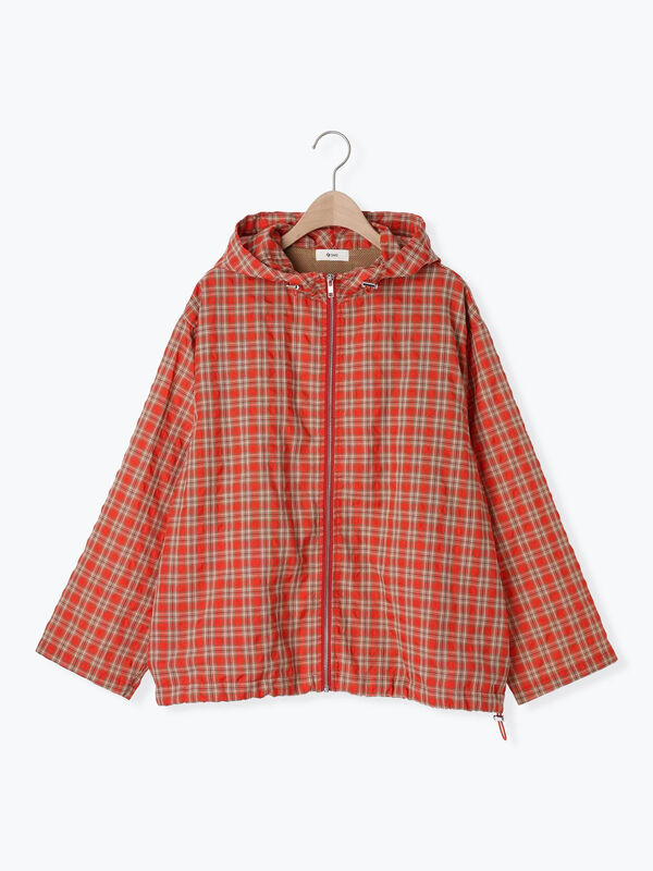 セール】 マドラスチェックフードパーカー（ブラック/レッド/オレンジ