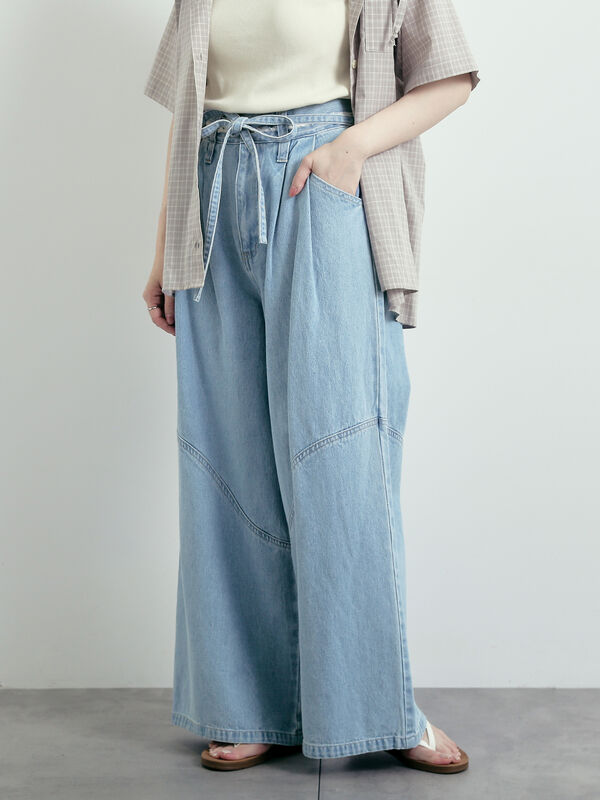 ライトブルーデニムワイドパンツ セール】 デニム/ツイル 切替ワイドパンツ（ベージュ/サックスブルー