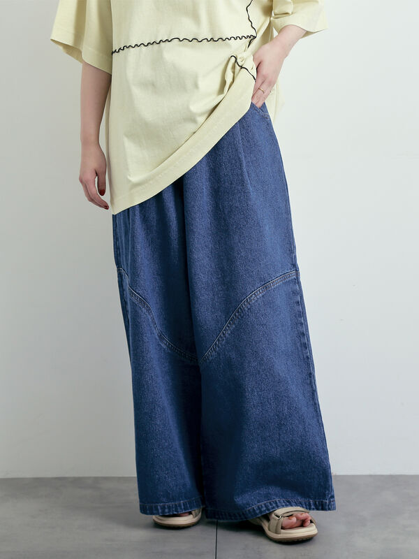 セール】 デニム/ツイル 切替ワイドパンツ（ベージュ/サックスブルー