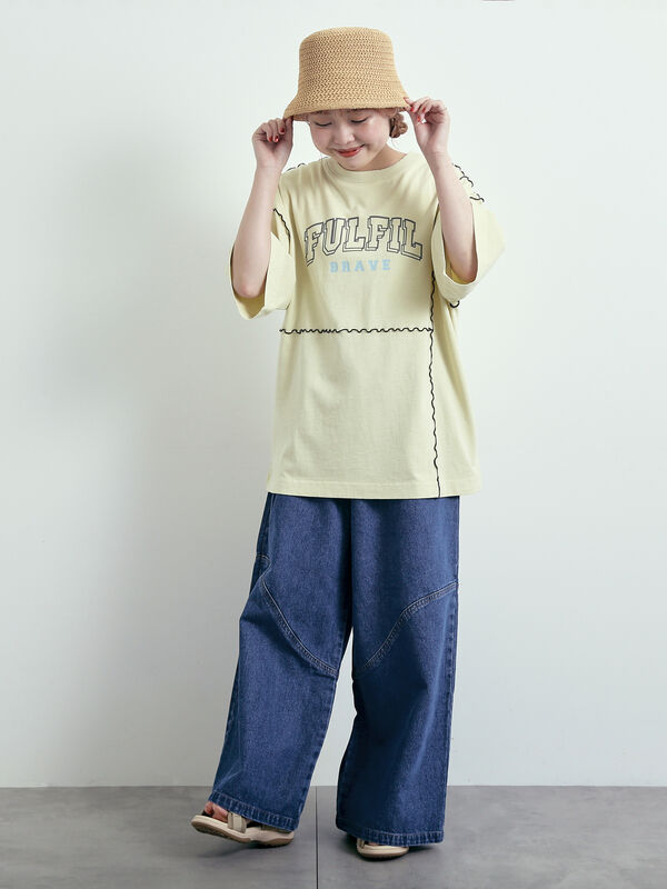 P2様 セール】 デニム/ツイル 切替ワイドパンツ（ベージュ/サックス