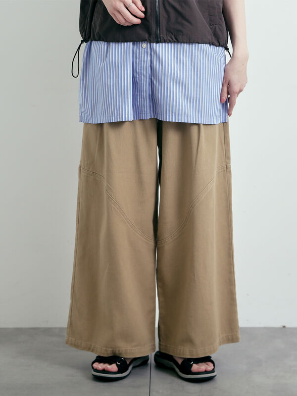 セール】 デニム/ツイル 切替ワイドパンツ（ベージュ/サックスブルー