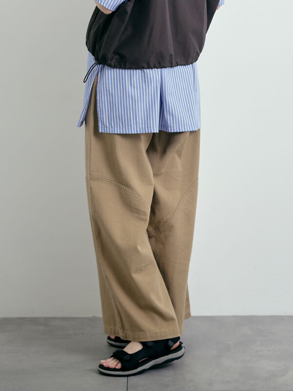セール】 デニム/ツイル 切替ワイドパンツ（ベージュ/サックス