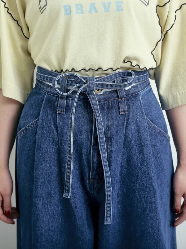 セール】 デニム/ツイル 切替ワイドパンツ（ベージュ/サックスブルー