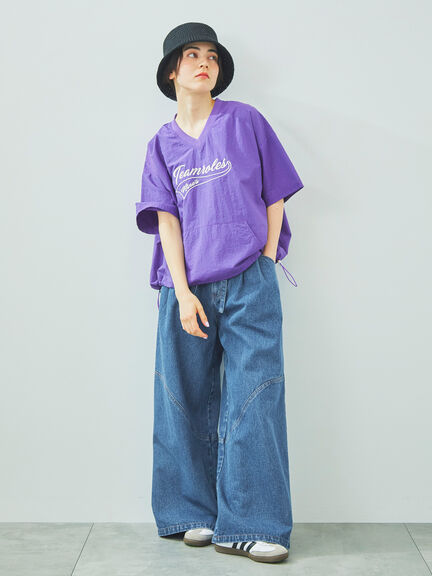ロゴ刺繍Vネック布帛Tシャツ（オフホワイト/ネイビー/パープル）｜SM2（エスエムツー）通販