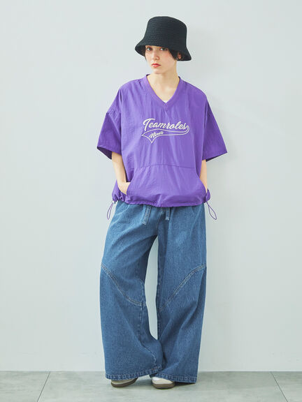 ロゴ刺繍Vネック布帛Tシャツ（オフホワイト/ネイビー/パープル）｜SM2（エスエムツー）通販