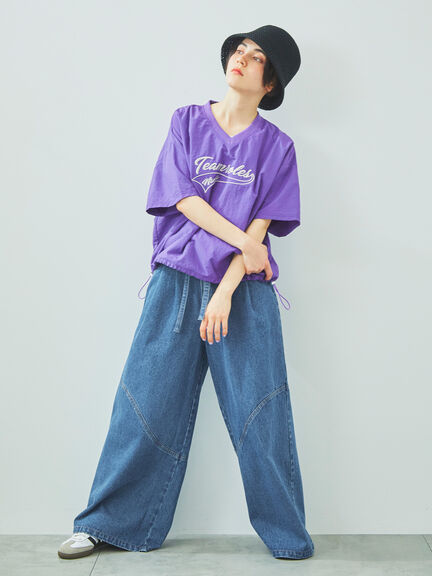 ロゴ刺繍Vネック布帛Tシャツ（オフホワイト/ネイビー/パープル）｜SM2（エスエムツー）通販