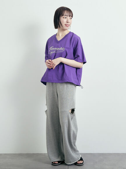 ロゴ刺繍Vネック布帛Tシャツ（オフホワイト/ネイビー/パープル）｜SM2（エスエムツー）通販
