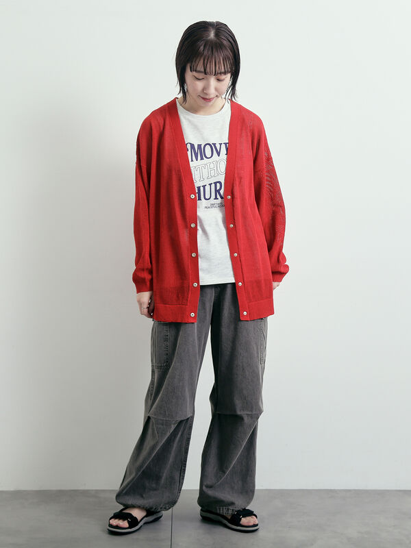 セール】 メッシュ編みVネックカーディガン（ブラック/レッド/ブルー