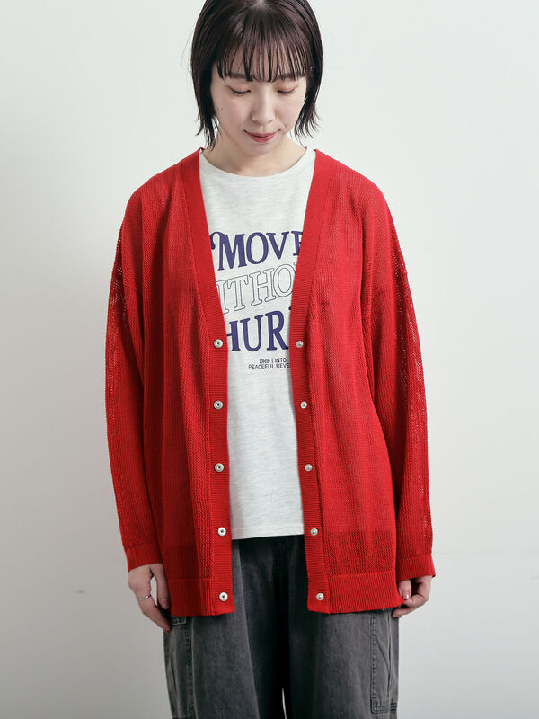 セール】 メッシュ編みVネックカーディガン（ブラック/レッド/ブルー