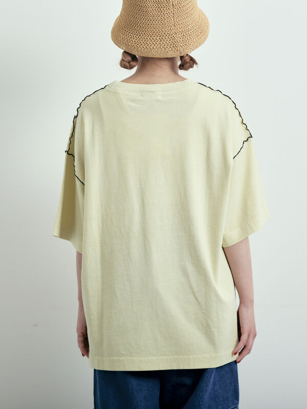 miyo様限定他の方は購入お控えくださm_mefu コットンボイル 切替デザイン セール】 ピグメント加工メロー切替ロゴプリントTシャツ（オフホワイト