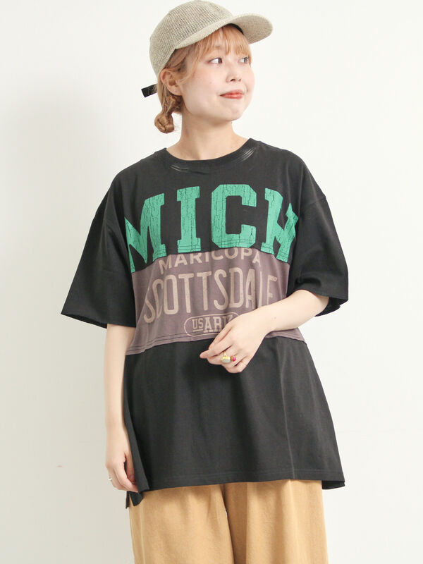 セール】 [接触冷感]リメイク風Tシャツ（オフホワイト/ブラック/レッド