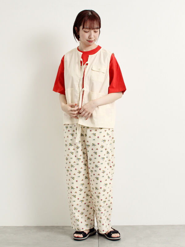 セール】 花柄プリントイージーパンツ（オフホワイト/ブラック