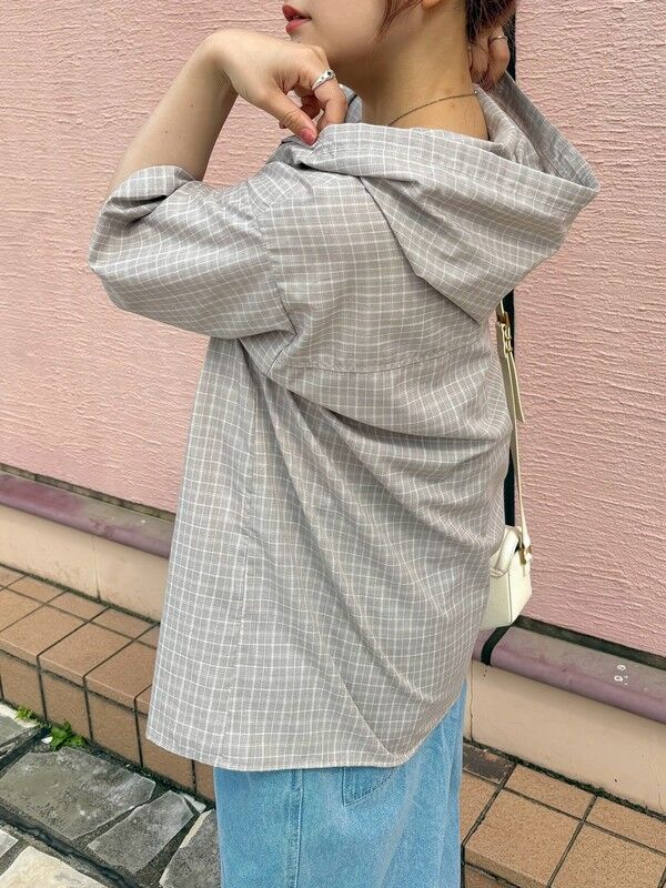 セール】 チェック柄フードシャツ（グレー/チャコールグレー/ブルー