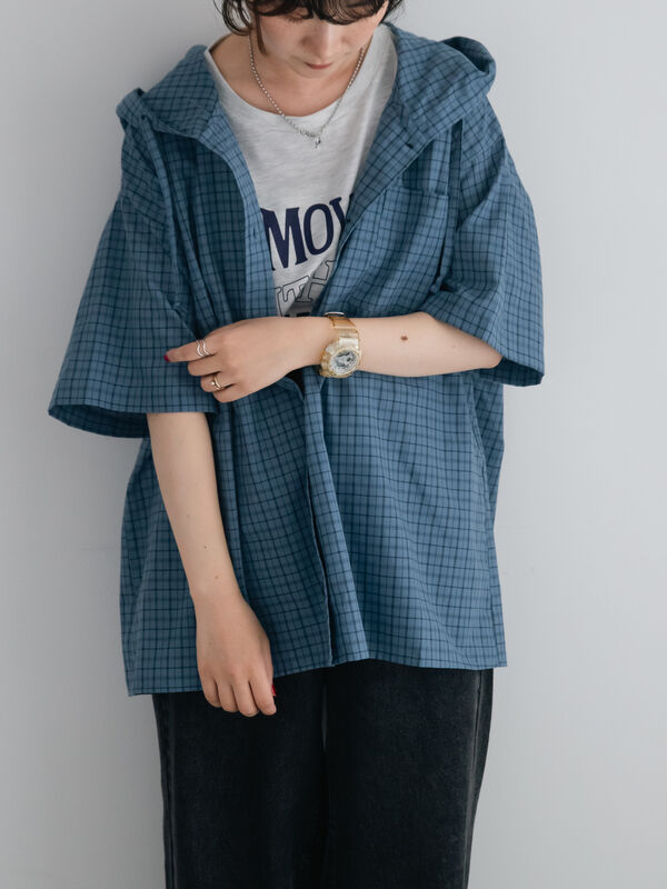 セール】 チェック柄フードシャツ（グレー/チャコールグレー/ブルー