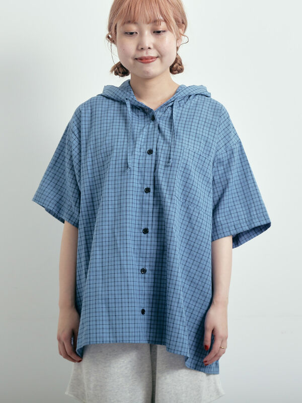 セール】 チェック柄フードシャツ（グレー/チャコールグレー/ブルー