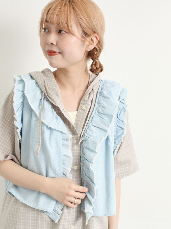 セール】 デニムフリルベスト（ブラック/サックスブルー/ブルー