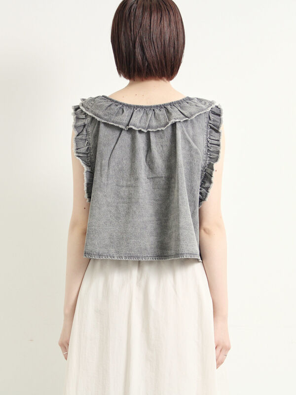 セール】 デニムフリルベスト（ブラック/サックスブルー/ブルー