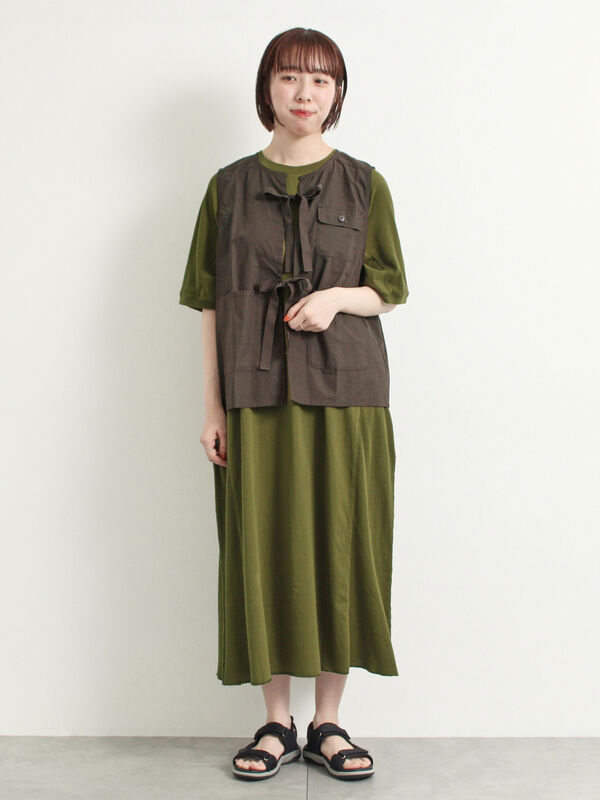 セール】 ワッフル切替ワンピース（ブラック/カーキ/クリーム