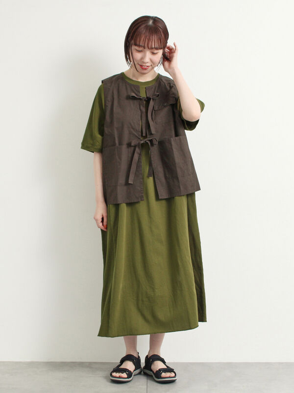 セール】 ワッフル切替ワンピース（ブラック/カーキ/クリーム