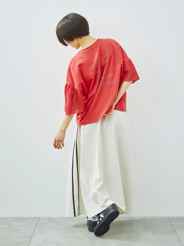 セール】 [接触冷感]袖メッシュプリントTシャツ（グレー