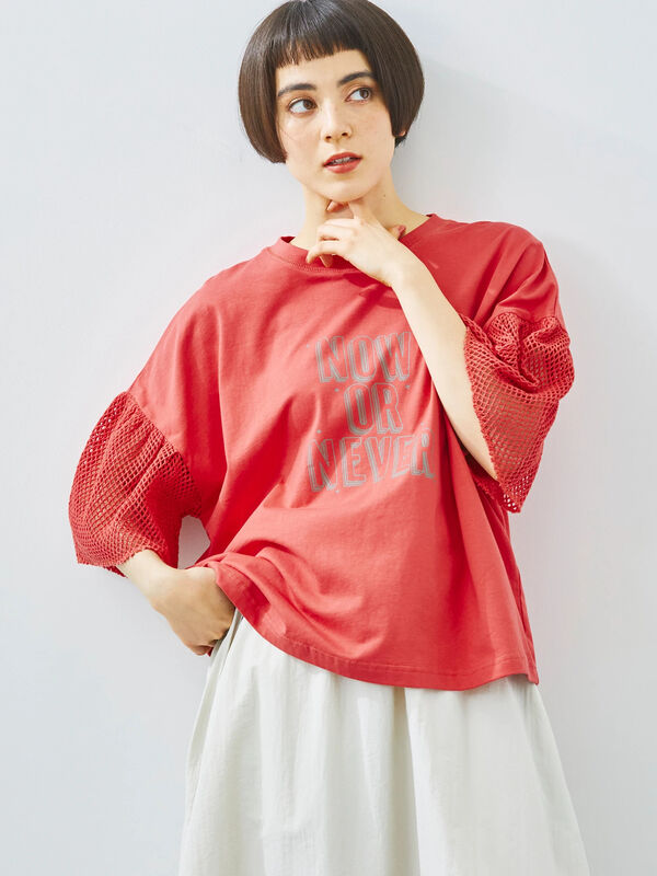 接触冷感]袖メッシュプリントTシャツ（グレー/チャコールグレー